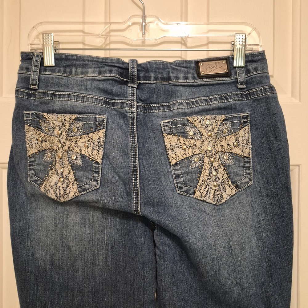 Earl Jean Slim Boot Women Size 10 Dark Wash Lace Cross Rhinestone Pocket Jeans